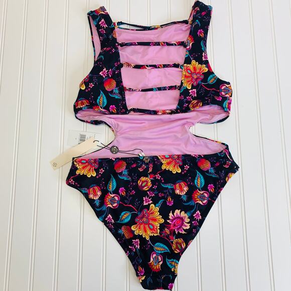 Nanette Lepore NWT 1 Piece Swimsuit Floral Black Pink Sz 10 - Picture 3 of 6